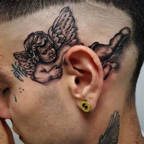 angel whispering in ear neck tattoo|Angel whispering in ear tattoo